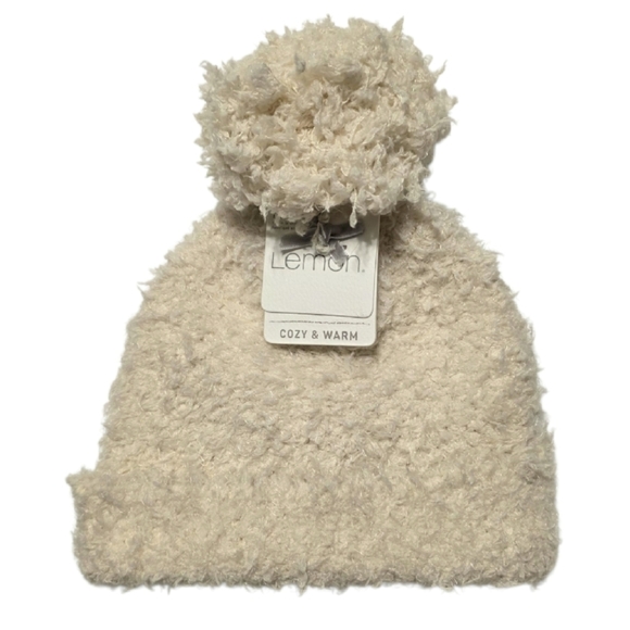 Lemon Winter Hat Fuzzy Shredded Textured Faux Snow Look Beanie Pom-pom Top White - Picture 1 of 7